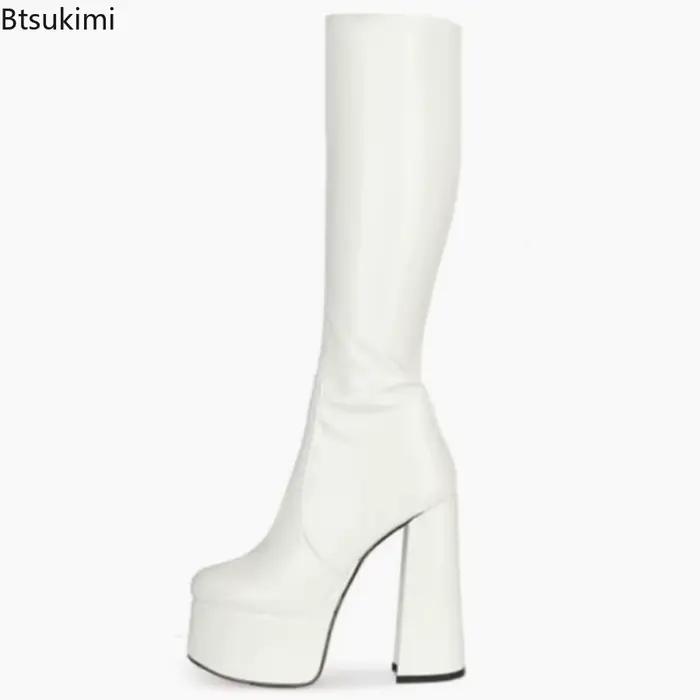 Bottes hautes pour femmes en cuir verni à talons hauts et semelles épaisses avec fermeture éclair, style punk, pour l'automne, cool et tendance
