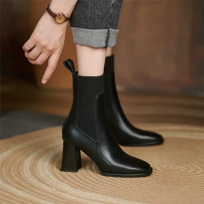 Bottes de rinçage en cuir de vachette fendu pour femmes, talon carré, doublure en laine, bottes chaussettes à enfiler, talon élevé, design mature, hiver, occassions spéciales