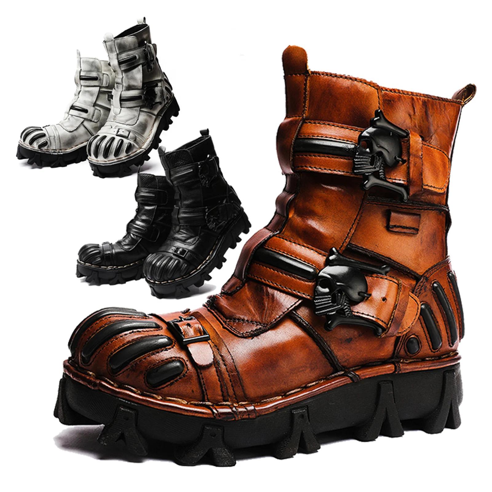Bottes de moto rétro en cuir véritable pour hommes, mi-mollet, DulHigh Top, Western Riding, Gothic S