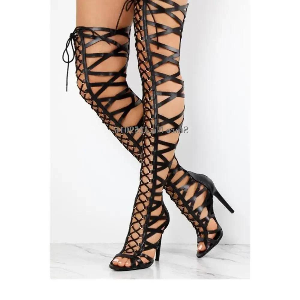 Bottes de gladiateur à lacets pour femmes, bretelles croisées au dessus du genou, Sexy, découpées, t