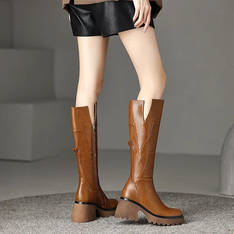 ASUTextiles-Bottes Hautes à Plateforme en Cuir group pour Femme, Chaussures Solides à Talons Hauts O