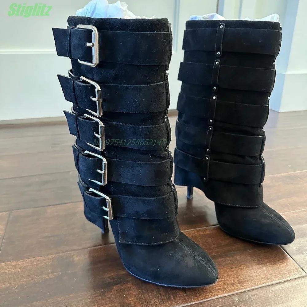 Bottes à boutons en métal pour femmes, chaussures à talons hauts fins, Parker rond, monochromatique,