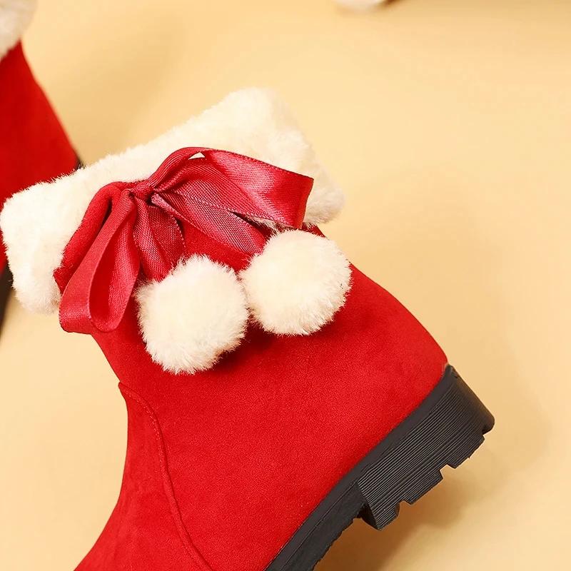 Bottes de neige chaudes en peluche pour filles, bottes rouges de Noël, chaussures en coton à fourrur