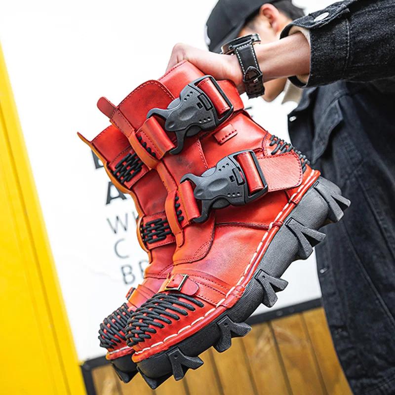 Bottes de moto en cuir véritable pour hommes, bottes de Combat tactiques faites à la main avec tête