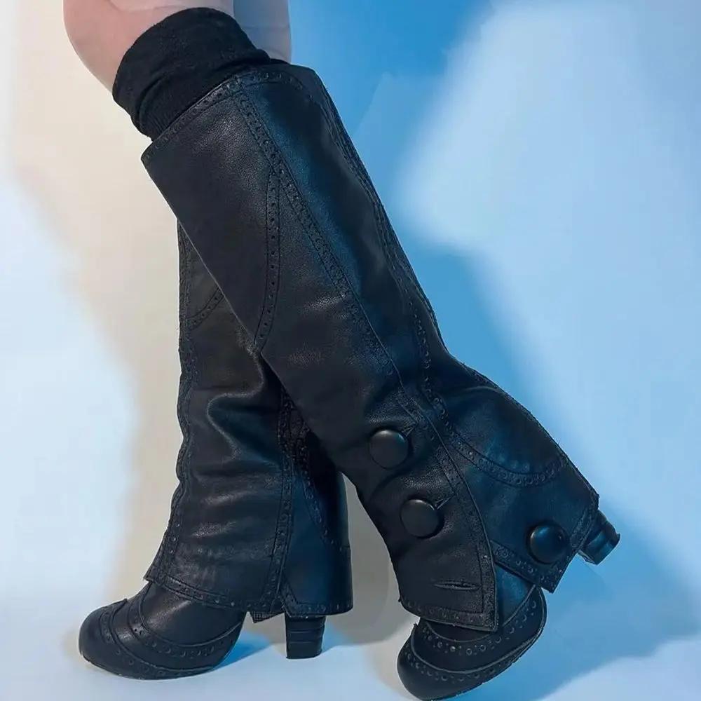 Cuissardes rétro en cuir noir, bout rond, garniture de boutons, talon bloc, élégantes, mi-mollet, St