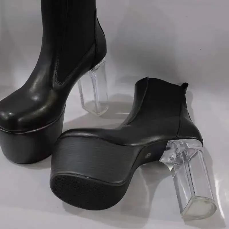Bottines noires à plateforme et talon transparent pour femme, hiver 2026, bout rond, bottes courtes,