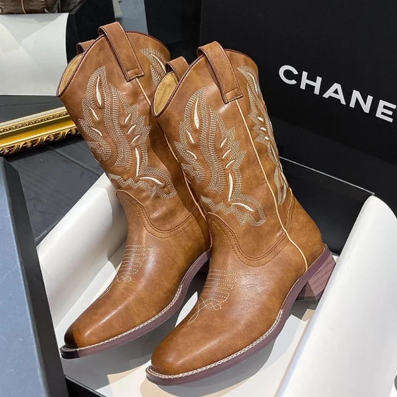 Offre spéciale Tenis De Mujer broderie bottines bout carré sans lacet femmes bottes Western Cowboy