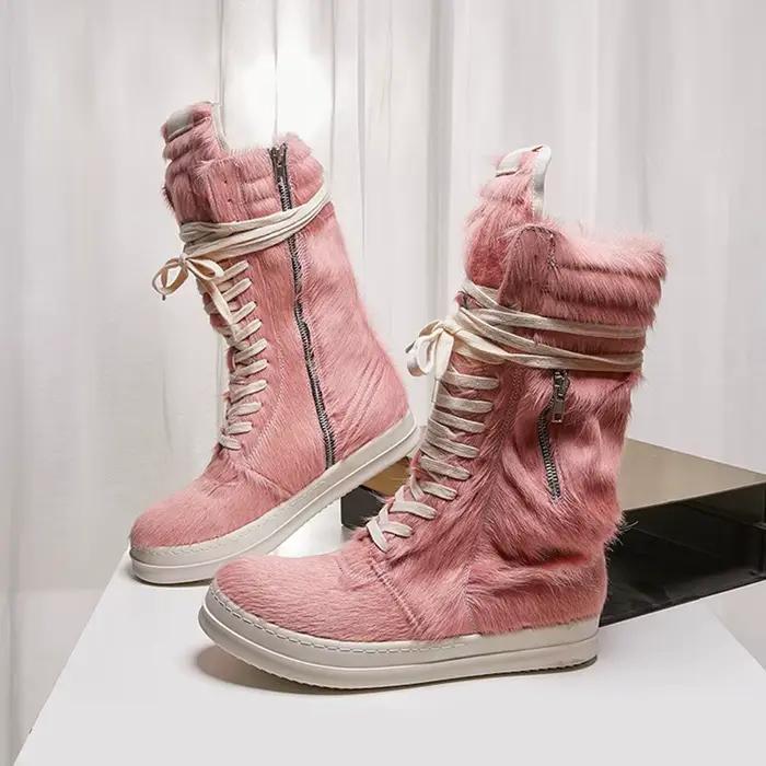 Couple Style loisirs bottes à fond épais chaussures de luxe crin en cuir véritable haut fermetures éclair à lacets baskets de rue