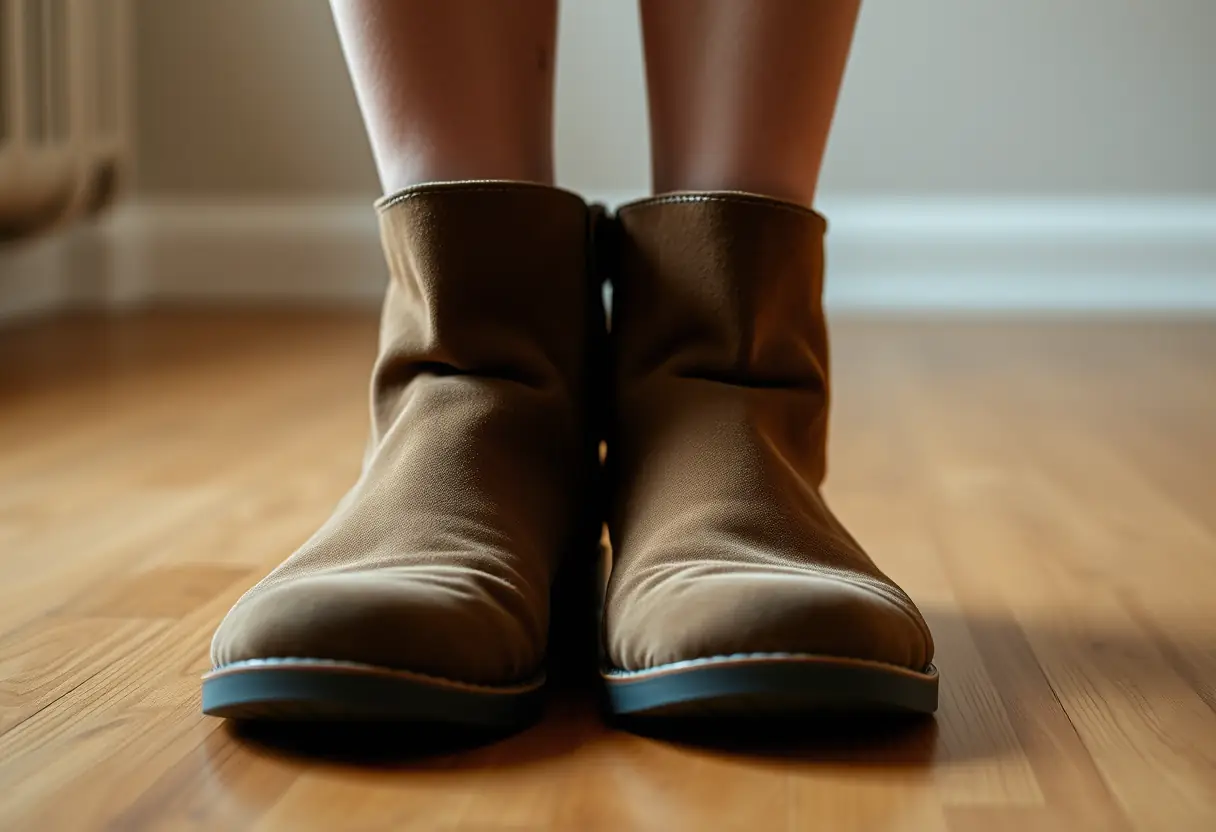 Des bottes plates posées sur un plancher pour mettre en valeur leur stabilité